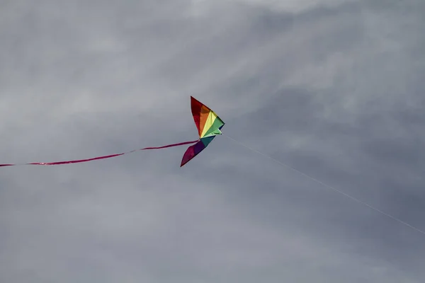 Kite of rainbow colors in sky — Stock Photo, Image