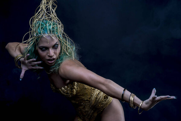 woman in golden goddes armor