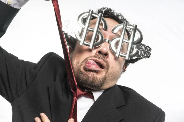 Homme d'affaires portant des lunettes avec des signes de dollar — Photo