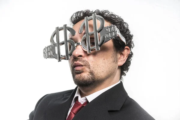 Uomo d'affari che indossa occhiali con segni di dollaro — Foto Stock