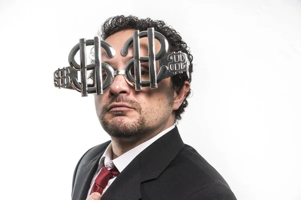 Empresário usando óculos com sinais de dólar — Fotografia de Stock