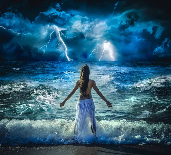 Fantasy Brunette Girl Bare Chest Looking Back Storm Next Mediterranean — Stock Photo, Image