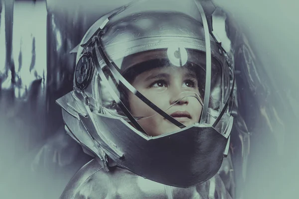 Explorer Boy Playing Astronaut Space Helmet Metal Suit Silver Background — Stock Photo, Image