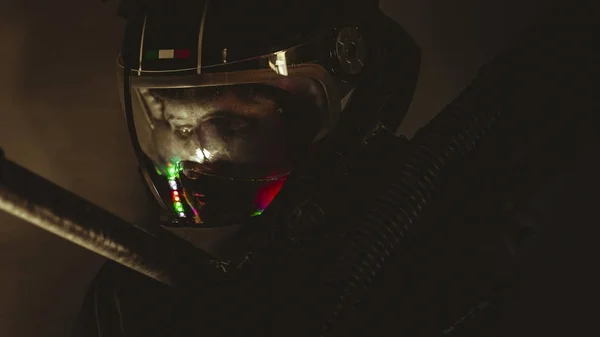 Man Future Space Futuristic Helmet Fantasy Lights Carries Laser Weapon — Stock Photo, Image
