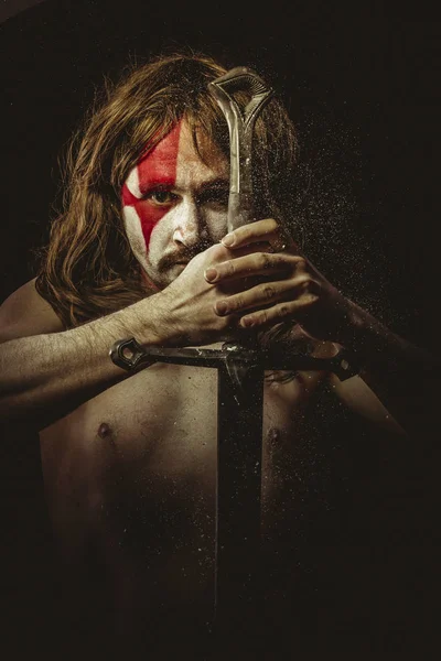 Strong Wild Warrior Metal Sword War Paintings Face Long Hair — Stock Photo, Image
