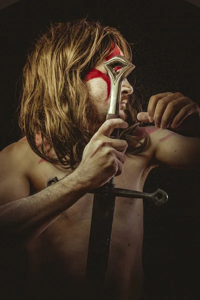 Wild Warrior Metal Sword War Paintings Face Long Hair — Stock Photo, Image