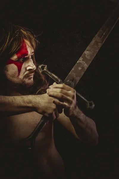 Wild Warrior Metal Sword War Paintings Face Long Hair — Stock Photo, Image