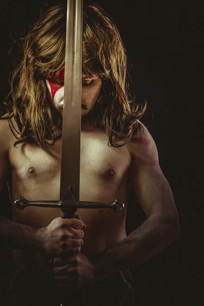 Faith Wild Warrior Metal Sword War Paintings Face Long Hair — Stock Photo, Image