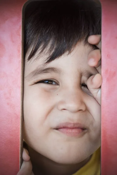 Brunette Boy Putting Funny Face Outdoor Park — Stock Photo, Image