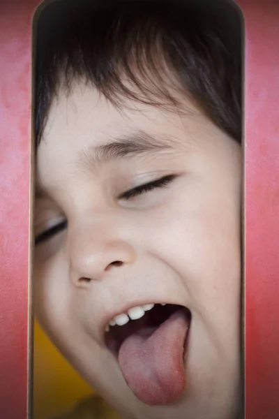 Brunette Boy Putting Funny Face Outdoor Park — Stock Photo, Image