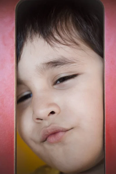 Brunette Boy Putting Funny Face Outdoor Park — Stock Photo, Image