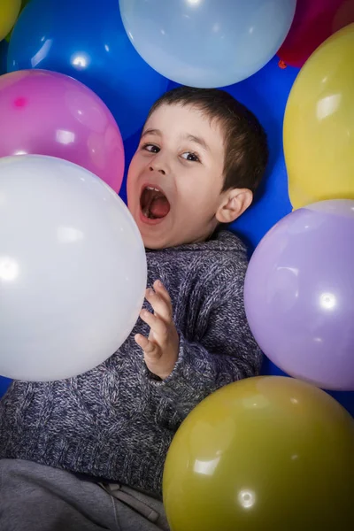 Brunette Boy Playing Colorful Balloons Smile Joy Birthday Party — Stock Photo, Image