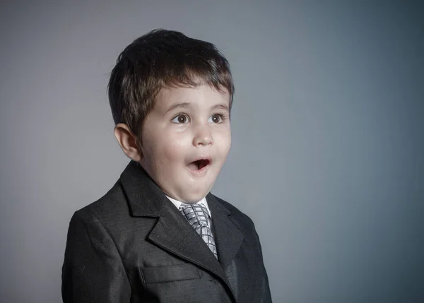 First Employment Little Businessman Brown Haired Boy Dressed Suit Tie — Stock Photo, Image