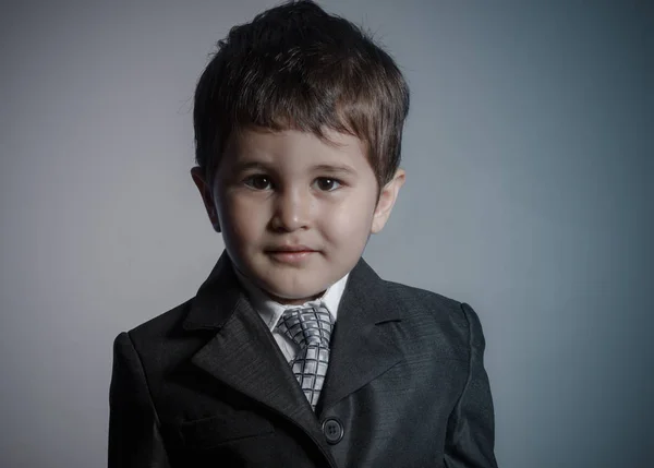 First Employment Little Businessman Brown Haired Boy Dressed Suit Tie — Stock Photo, Image