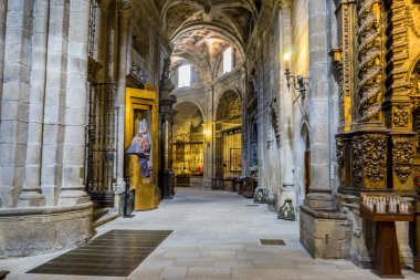 Medieval architectural arches inside the Cathedral of Ourense in Spain. Gothic style clipart