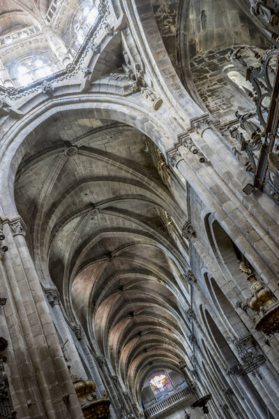 Religion, Medieval Gothic architecture inside a cathedral in Spain. Stones and beautiful ashlars forming a dome