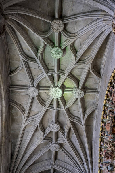 Religion, Medieval Gothic architecture inside a cathedral in Spain. Stones and beautiful ashlars forming a dome