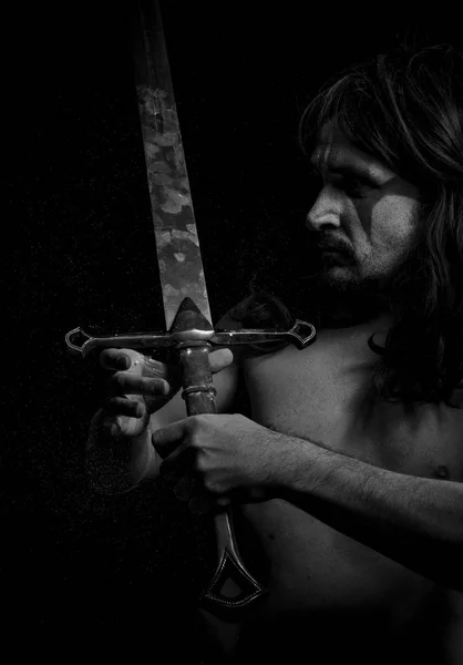 Wild Warrior Metal Sword War Paintings Face Long Hair — Stock Photo, Image