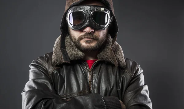 Vieux Pilote Avion Avec Veste Cuir Marron Chapeau Arador Grandes — Photo