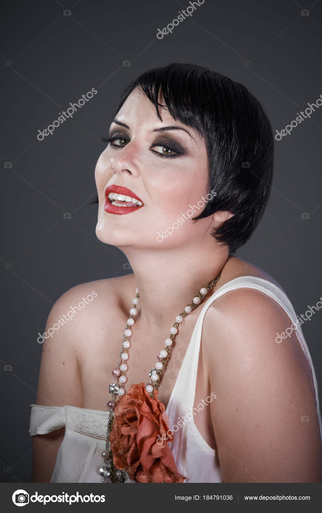 Luxury Brunette Girl Short Hair French Mane Style 20s She Stock