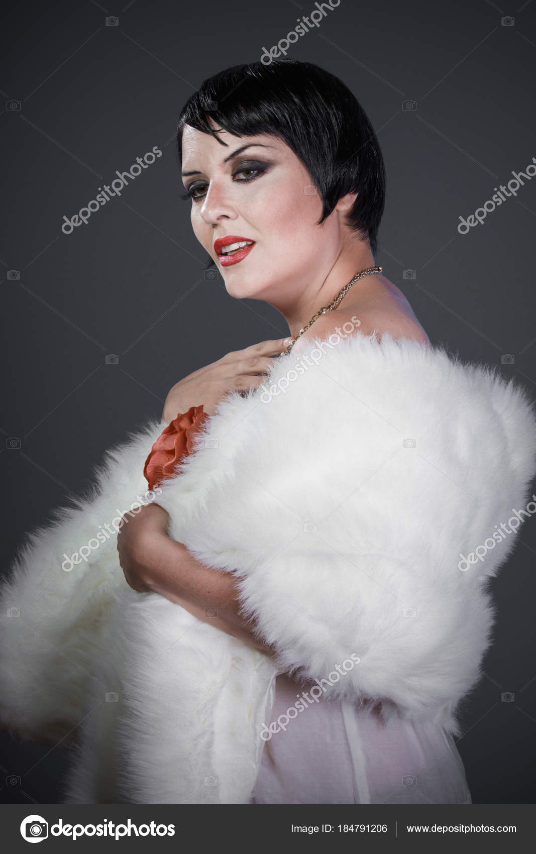 Brunette Girl Short Hair French Mane Style 20s She Wears Stock