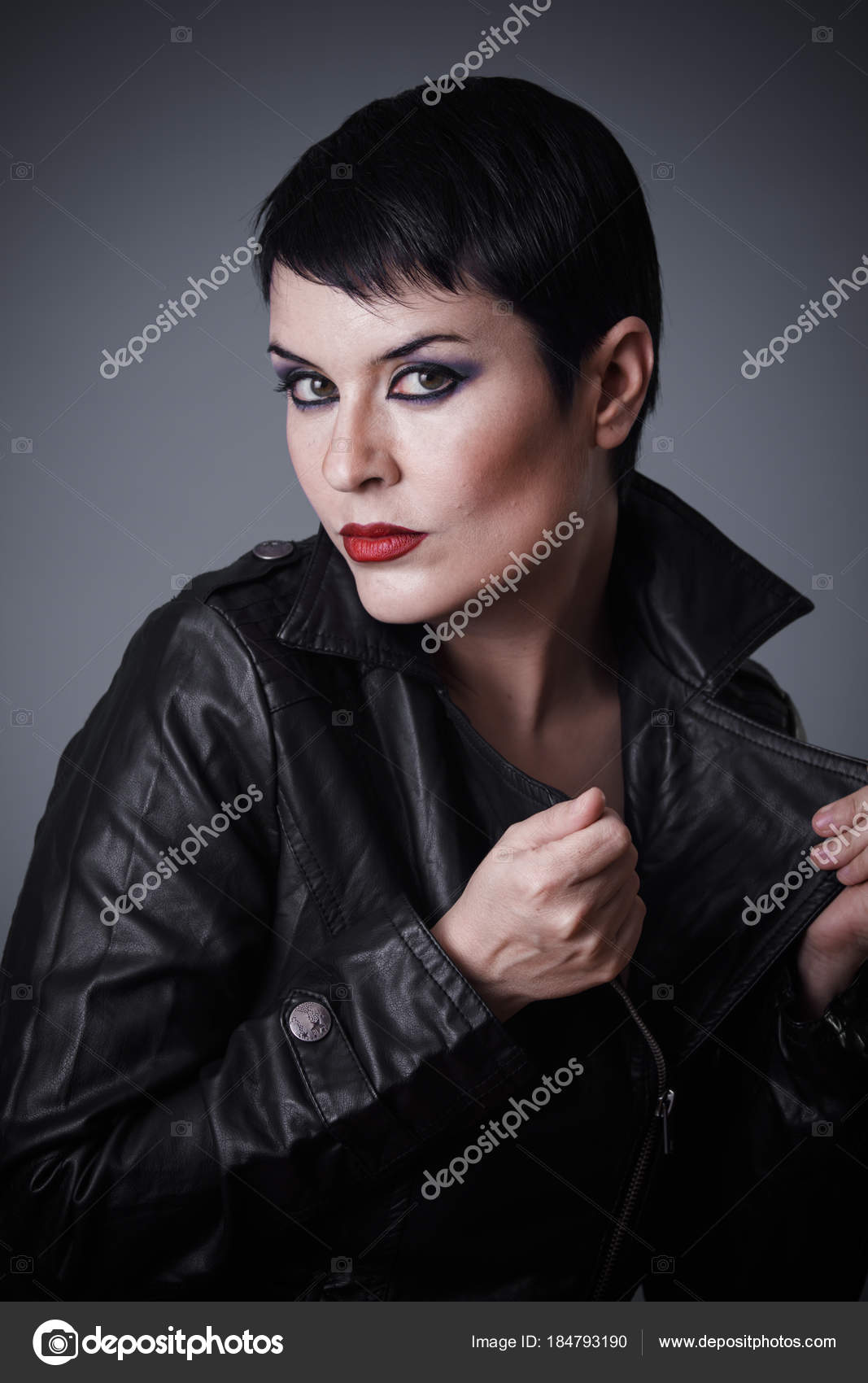 Brunette Woman Dressed Leather Jacket Androgynous Appearance