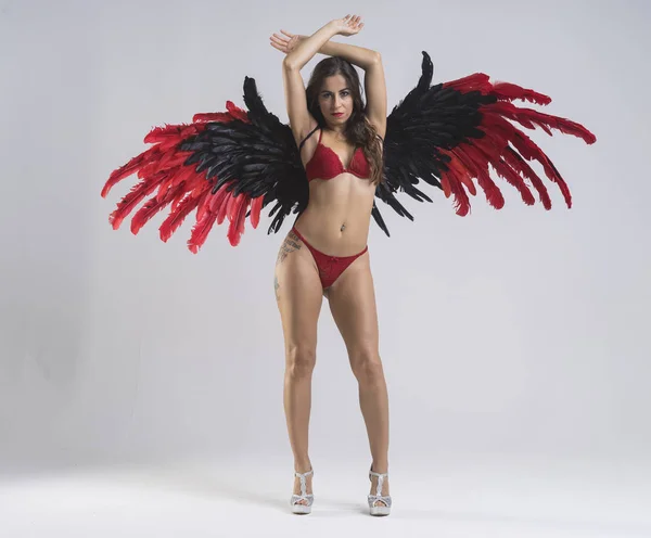 Sexy angel woman, young woman dressed in red underwear with big wings of black feathers and garnets on neutral background