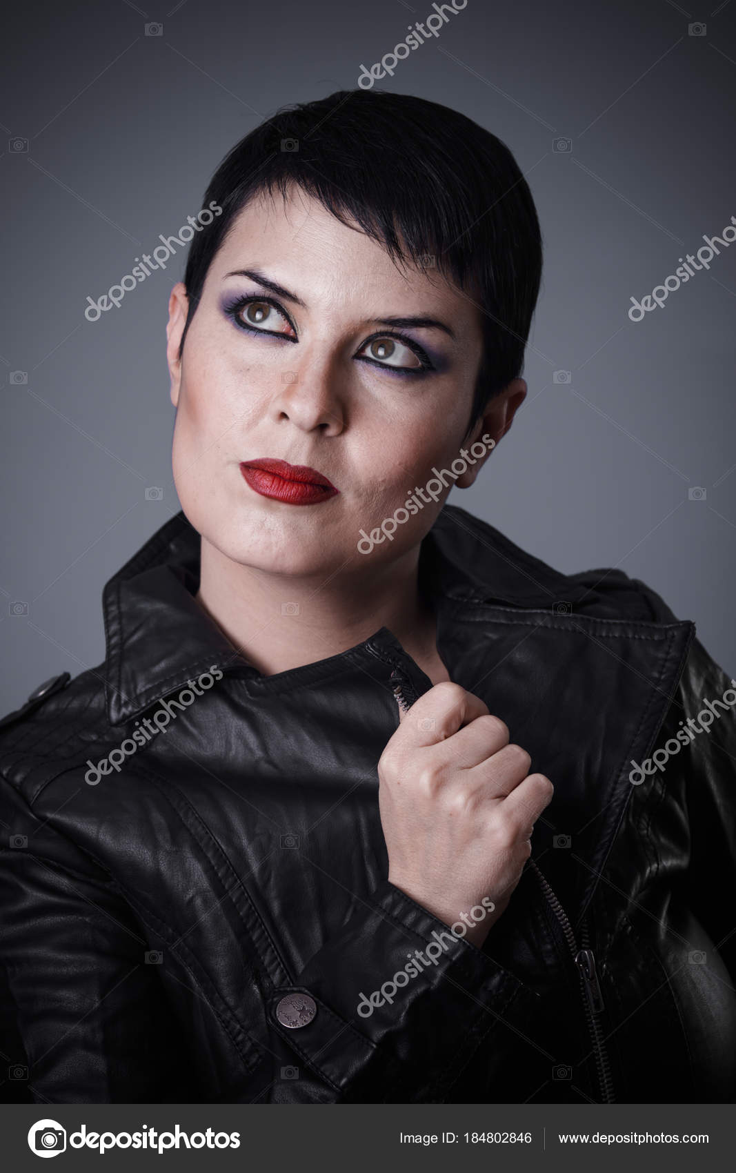 Fashion Brunette Woman Dressed Leather Jacket Androgynous