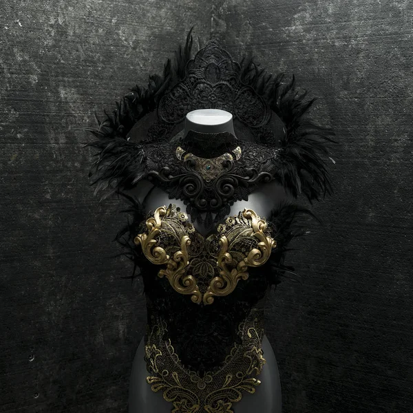 Μυστηριώδη Χειροποίητο Φόρεμα Γοτθικού Στυλ Μαύρα Υφάσματα Από Δαντέλα Και — Φωτογραφία Αρχείου