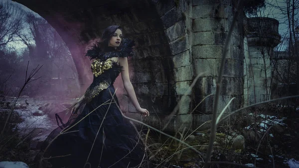 金と黒の糸で作られたゴシック様式のドレスを持つ物語 美しいブルネットの女性 冬は雪の森の中です 幻想的なコンセプト — ストック写真