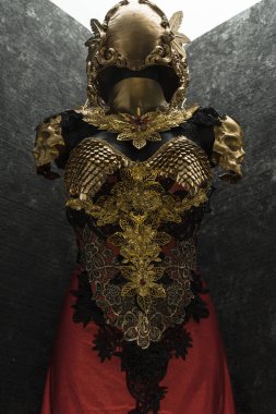 Altın zırh ve metal parçalar el yapımı, ejderha derisi Gotik parçaları ve kırmızı tüyler bir kask ile bir altın zırh vardır