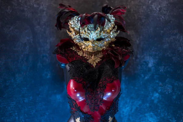 Venetian Red Mask Och Röda Korsett Med Bitar Guld Och — Stockfoto