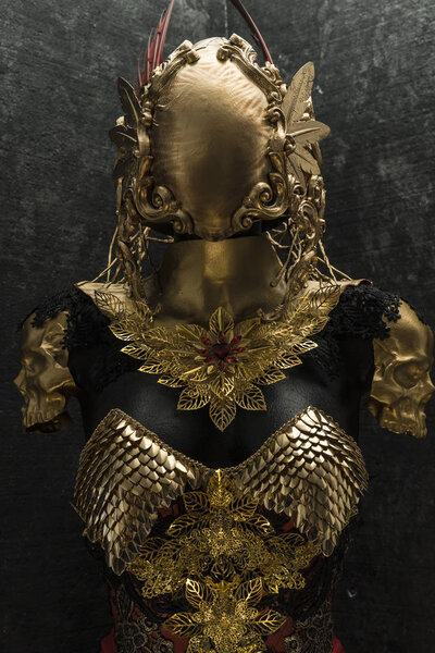 Protection, gold armor and metal pieces handmade, it has a golden breastplate of dragon scales with a helmet of gothic pieces and red feathers