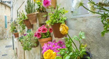 vacation, flowerpots street in the tourist island of Mallorca, Valdemosa city in Spain clipart