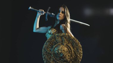 valkyrie warrior, woman with golden armor iron coat and big warrior sword clipart