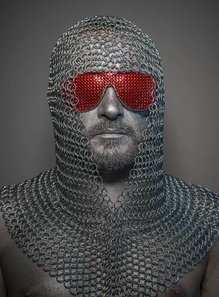Network Firewall Man Iron Armor Red Glasses Concept Protection Computer — Stock Photo, Image