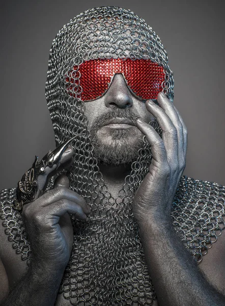 Information Firewall Man Iron Armor Red Glasses Concept Protection Computer — Stock Photo, Image