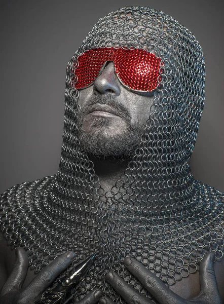 Privacy Firewall Man Iron Armor Red Glasses Concept Protection Computer — Stock Photo, Image