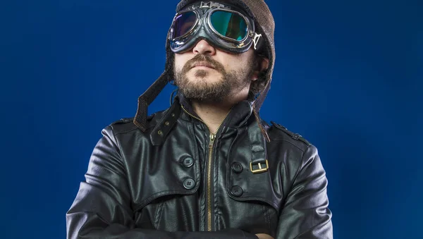 Proud Pilot 20S Sunglasses Vintage Aviator Helmet Wears Leather Jacket — Stock Photo, Image