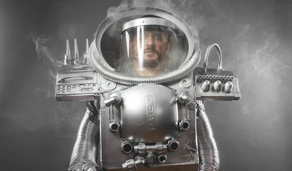 Galaxy Astronaut Ruimte Man Kostuum Gemaakt Met Karton Stukken Van — Stockfoto