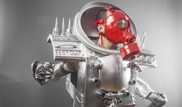 Cosmos Astronaut Space Man Costume Made Cardboard Pieces Recycling Imagination — Stock Photo, Image