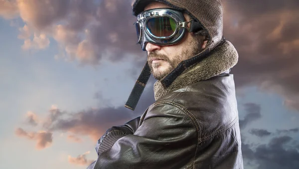 Proud Pilot 20S Sunglasses Vintage Aviator Helmet Wears Leather Jacket — Stock Photo, Image