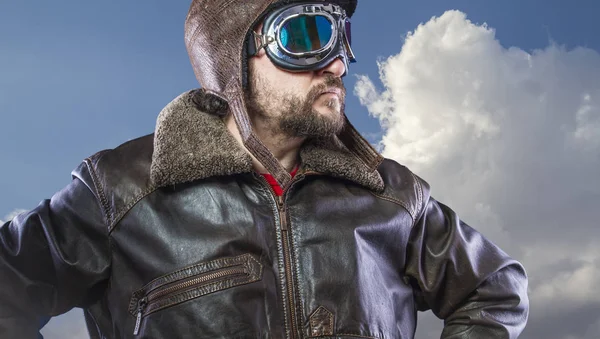Pilot 20S Sunglasses Vintage Aviator Helmet Wears Leather Jacket Beard — Stock Photo, Image