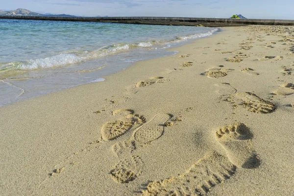 Journey Footprints Sand Beach Mediterranean Sea Island Ibiza Spain Holiday — Stock Photo, Image