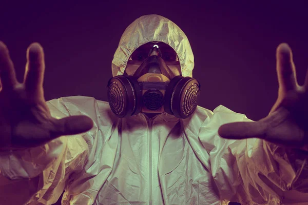 Virus Infection Concept Man Protective Suit Antigas Mask Glasses Ebola — Stock Photo, Image