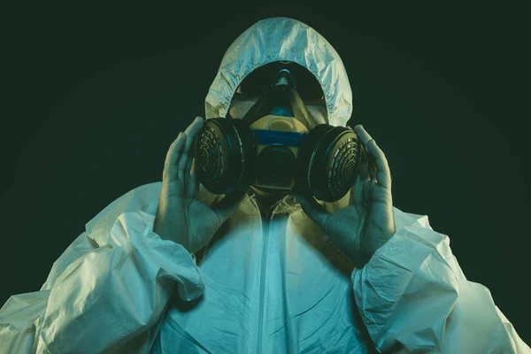 Hazmat Contagious Virus Infection Concept Man Protective Suit Antigas Mask — Stock Photo, Image