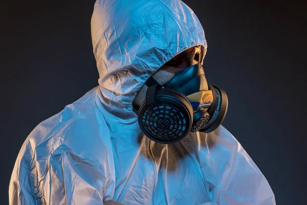 Virus Infektionskonzept Mann Schutzanzug Und Antigas Maske Mit Brille Ebola — Stockfoto