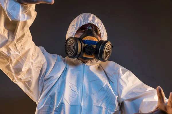 Virus Infektionskonzept Mann Schutzanzug Und Antigas Maske Mit Brille Ebola — Stockfoto