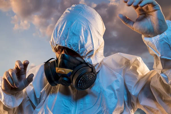 Unhealthy Air Contaminated Pollution Man Mask Protective Suit Concept Biological — Stock Photo, Image