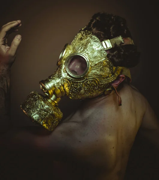 Protective Man Gold Gas Mask Arabesques Poses Drowning Desperation Depression — Stock Photo, Image